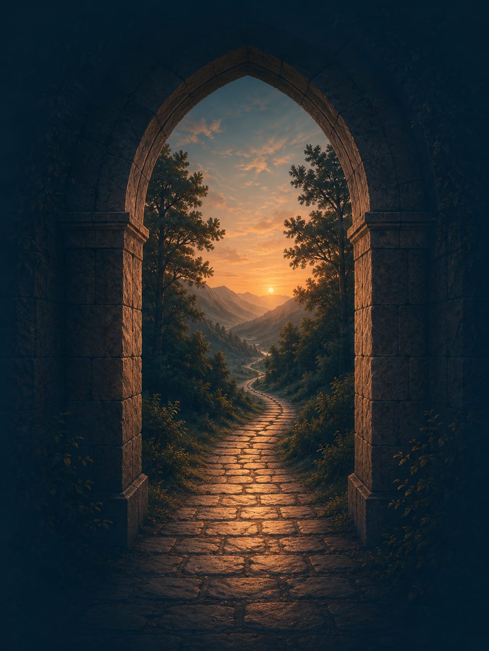 Arco de pedra aberto para um caminho iluminado entre montanhas ao amanhecer